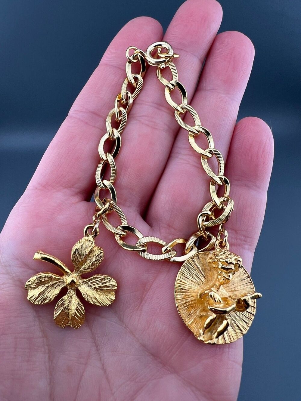 Vintage Germany Charm Bracelet Gold Tone Curb Link Good Luck Clover Mandolin - Picture 14 of 14